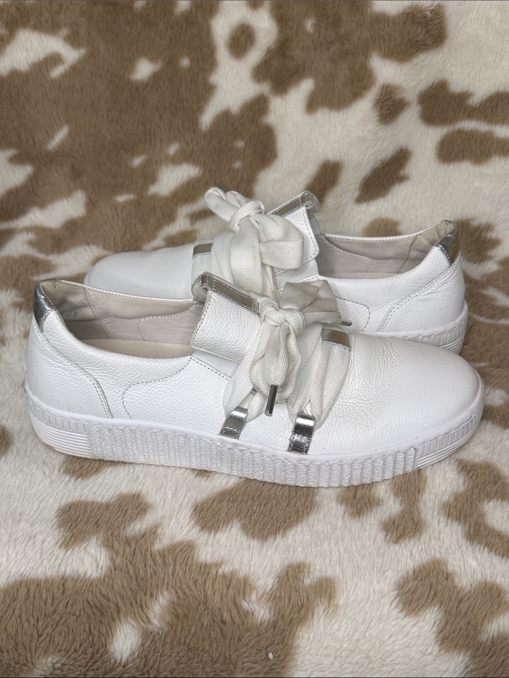 Gabor White Leather Sneakers with Silver Accents